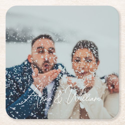 Modern Script Cheers To Love Photo Wedding Square Paper Coaster