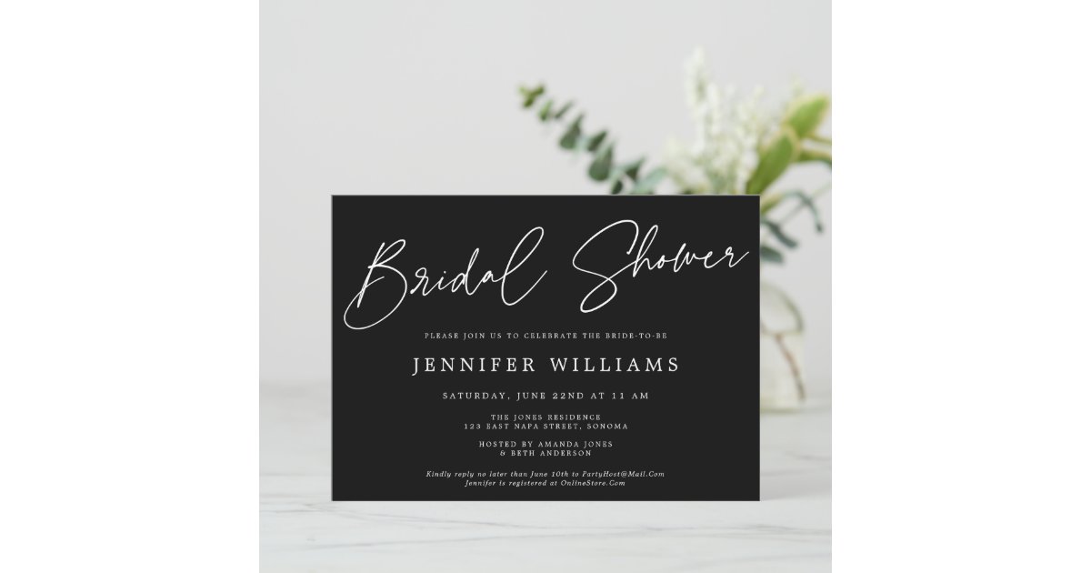 Modern Script Chic Black + White Bridal Shower Invitation | Zazzle
