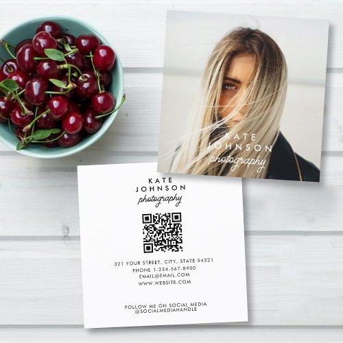 Modern Script Chic Full Photo QR Code Social Media Square Business Card
