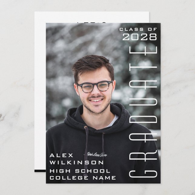 Modern Script Chic Guy Photo Trendy Graduation Invitation (Front/Back)