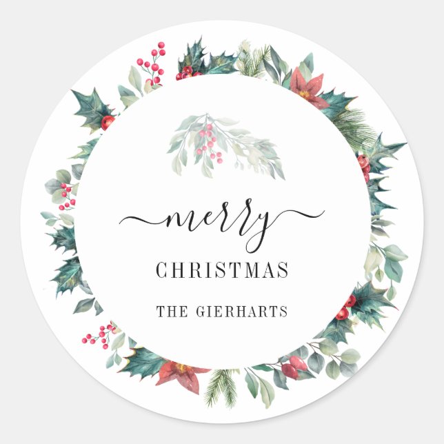 Modern Script Christmas Botanicals Mistletoe Classic Round Sticker (Front)