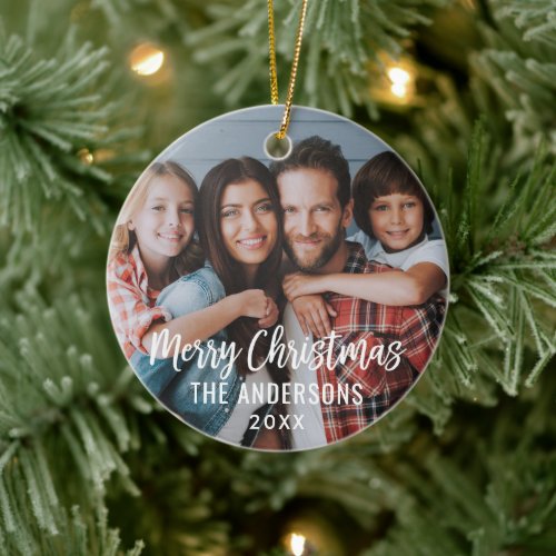 Modern Script Christmas Family Photo Slate Blue Ceramic Ornament