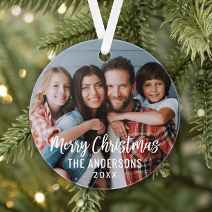 Modern Script Christmas Family Photo Slate Blue Ornament