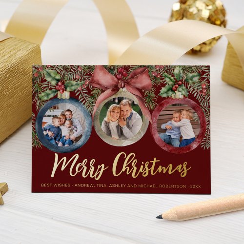 Modern Script Christmas Ornament Family Photos Red Foil Holiday Card
