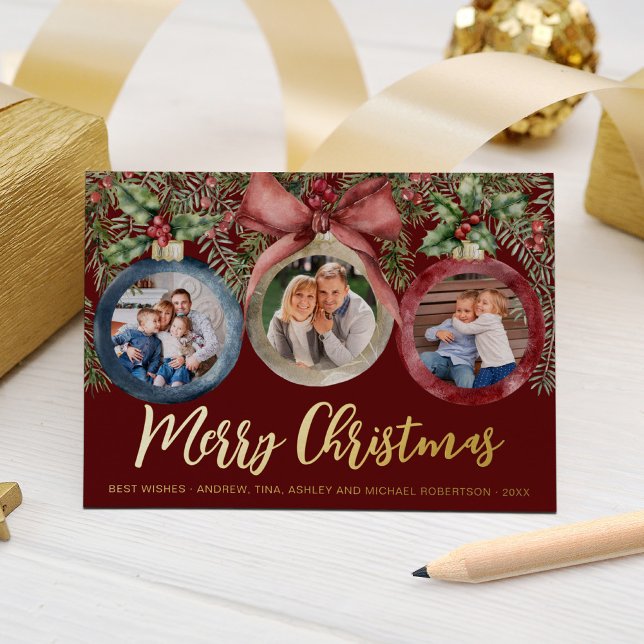 Modern Script Christmas Ornament Family Photos Red Foil Holiday Card (Creator Uploaded)