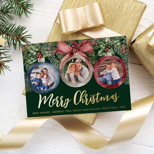 Modern Script Christmas Ornaments 3 Photos Green  Foil Holiday Card