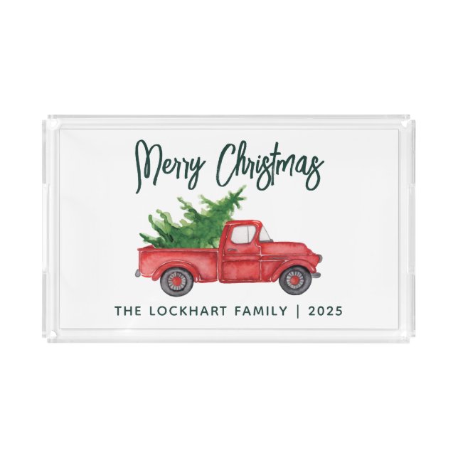 Modern Script Christmas Red Truck Holiday Custom Acrylic Tray (Front)