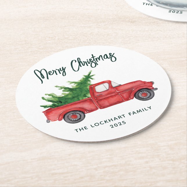 Modern Script Christmas Red Truck Holiday Custom Round Paper Coaster (Angled)