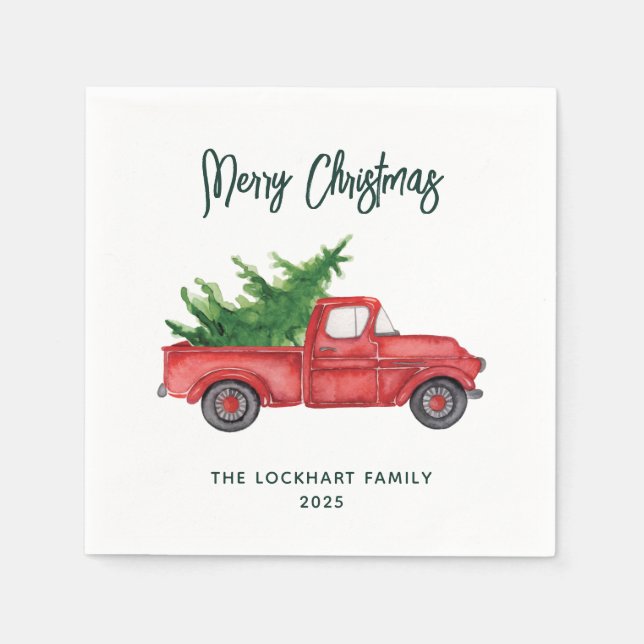 Modern Script Christmas Red Truck Holiday Paper Napkins (Front)