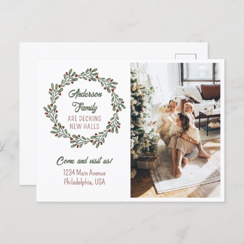 Modern Script Christmas Wreath Photo Moving Announcement Postcard