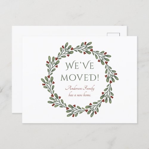 Modern Script Christmas Wreath Weve Moved Announcement Postcard