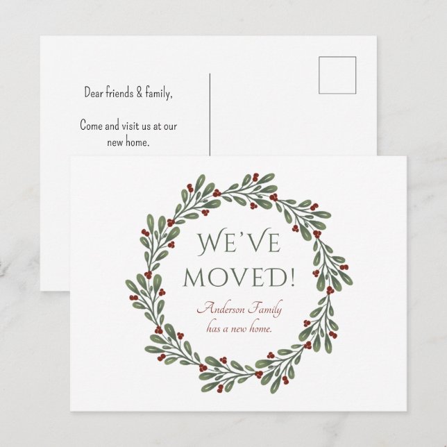 Modern Script Christmas Wreath We’ve Moved Announcement Postcard (Front/Back)