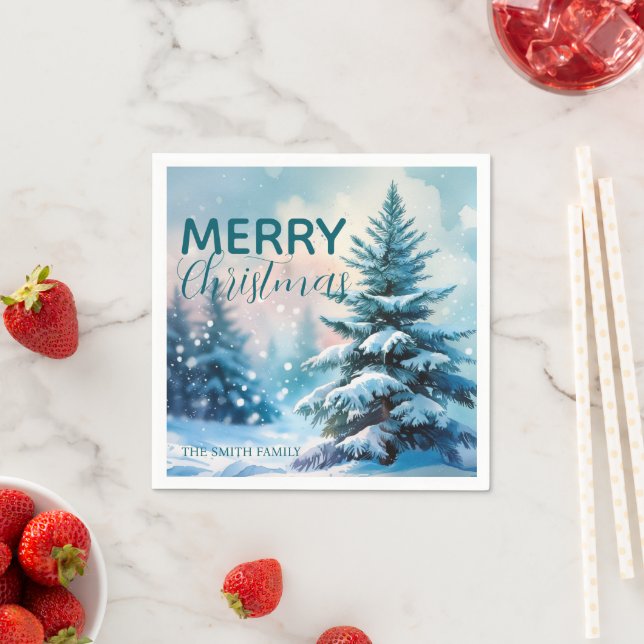 Modern Script Christmas Xmas winter pine tree fore Napkins (Insitu)