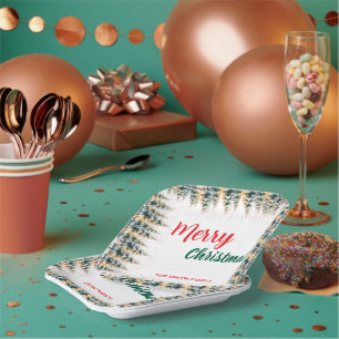 Modern Script Christmas Xmas winter pine tree fore Paper Plates
