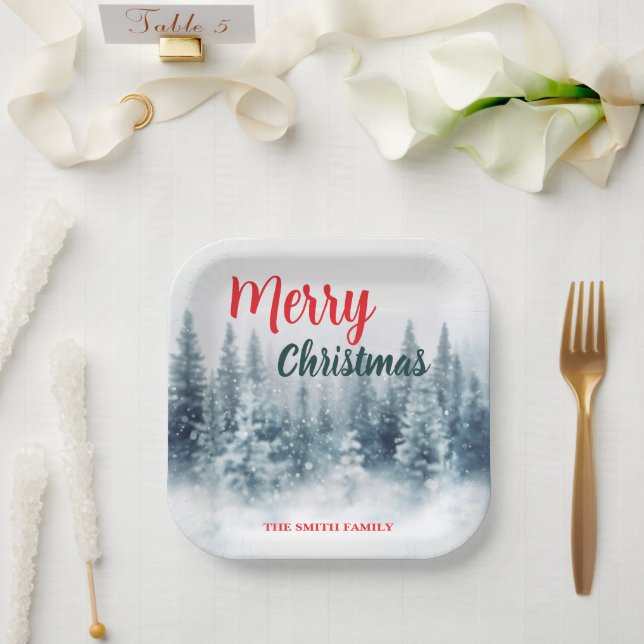 Modern Script Christmas Xmas winter pine tree fore Paper Plates (Wedding)