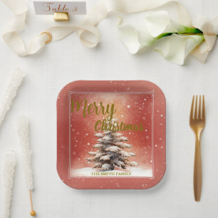 Modern Script Christmas Xmas winter pine tree fore Paper Plates