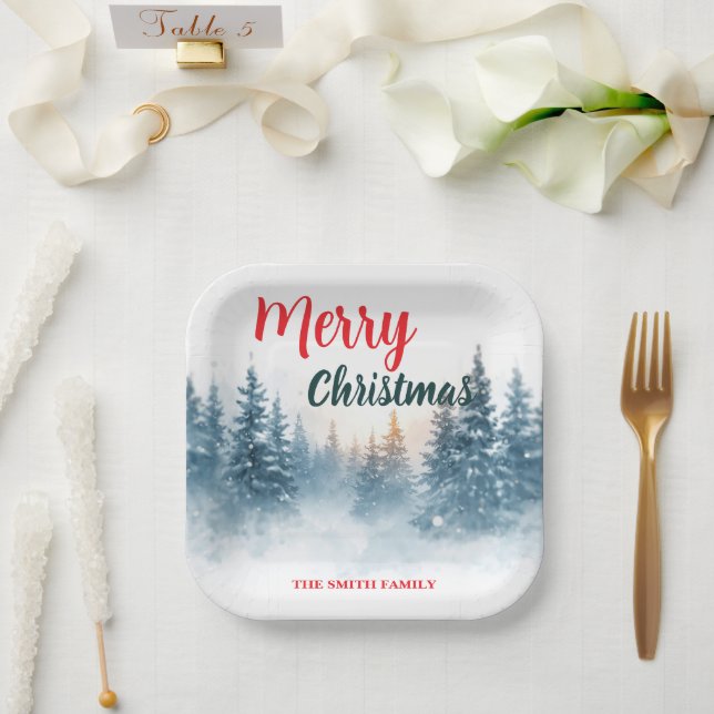 Modern Script Christmas Xmas winter pine tree fore Paper Plates (Wedding)