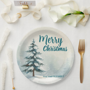 Modern Script Christmas Xmas winter pine tree fore Paper Plates