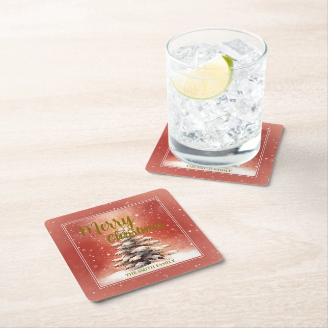 Modern Script Christmas Xmas winter pine tree fore Square Paper Coaster (Insitu)