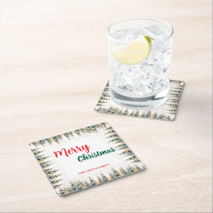Modern Script Christmas Xmas winter pine tree fore Square Paper Coaster