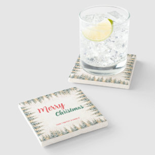 Modern Script Christmas Xmas winter pine tree fore Stone Coaster