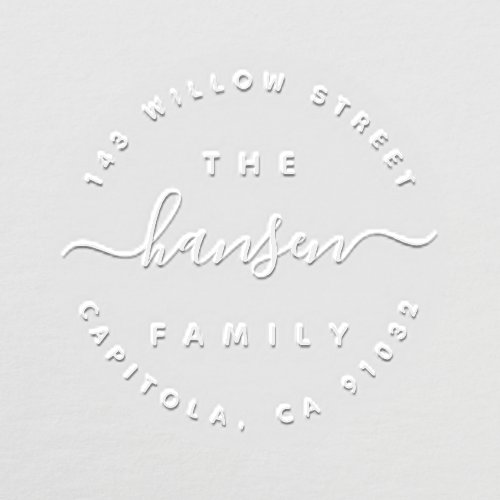 Modern Script Circular Family Name Return Address Embosser