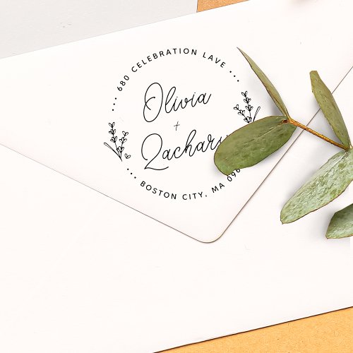 Modern Script Circular Floral Wedding Address Rubber Stamp