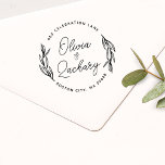Modern Script Circular Wedding Address Rubber Stamp<br><div class="desc">Stylish rustic modern circular rubber stamp features greenery in the circle shape with curves lettering script and modern text.</div>