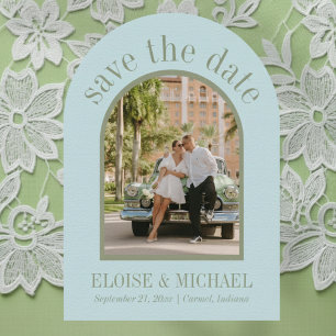 Modern Script Citrus Blue Wedding Arch Photo Save The Date