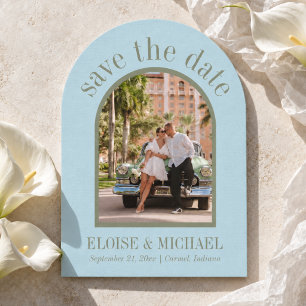 Modern Script Citrus Blue Wedding Arch Photo Save The Date