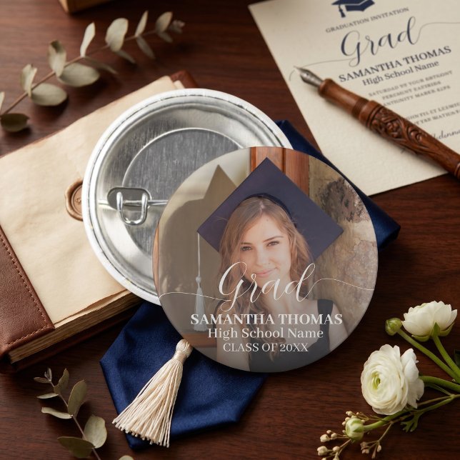 Modern Script Classic Photo Graduate Commencement  Button (Modern Script Classic Photo Graduate Commencement Button)