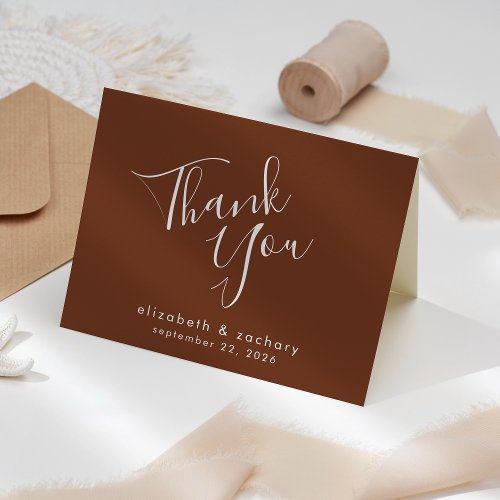 Modern Script Coffee Brown Wedding Thank You Card