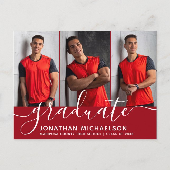 Modern Script Collage Photo Graduation Announcement Postcard (Front)