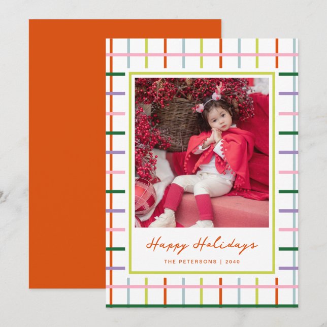 Modern Script Colorful Grid Happy Holidays Photo Holiday Card (Front/Back)