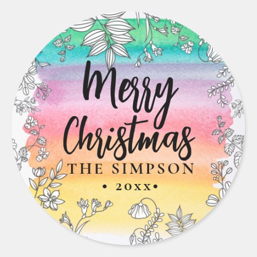 Modern Script Colorful Watercolor Merry Christmas Classic Round Sticker