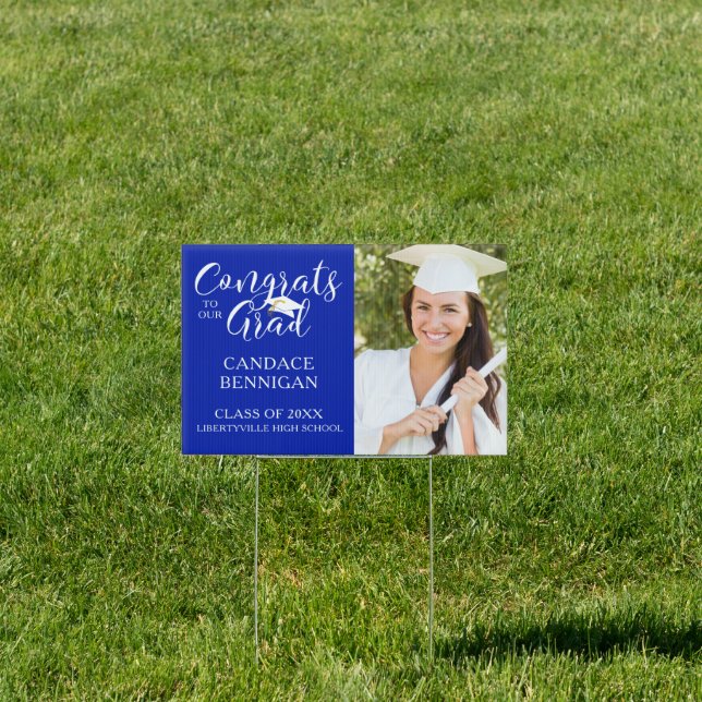 Modern Script CONGRATS GRAD Photo Blue Graduation Sign (Insitu)