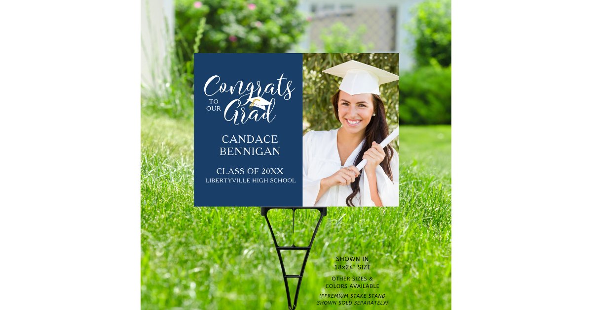 Modern Script CONGRATS GRAD Photo Blue Graduation Sign | Zazzle