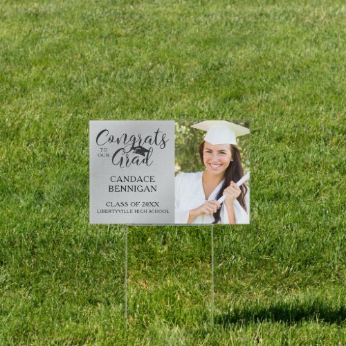 Modern Script CONGRATS GRAD Photo Metallic Silver Sign