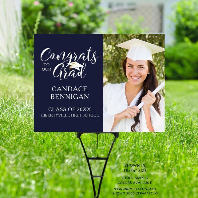 Navy Grad Sign Modern Script CONGRATS GRAD Photo Navy Graduation Sign | Zazzle