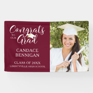Modern Script CONGRATS Photo Maroon Graduation Banner