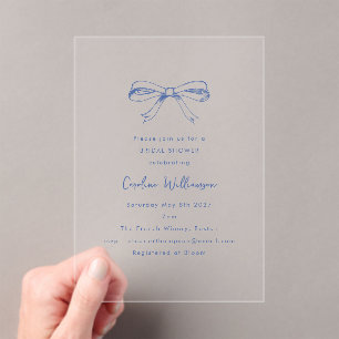 Modern Script Coquette Bow Blue Bridal Shower Acrylic Invitations