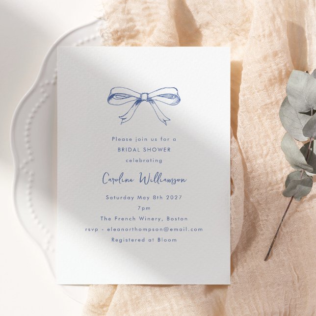 Modern Script Coquette Bow Blue Bridal Shower Invitation (Creator Uploaded)