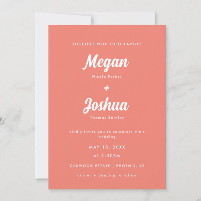 Modern Script Coral Pink All-in-One Wedding  Invitation (Front)