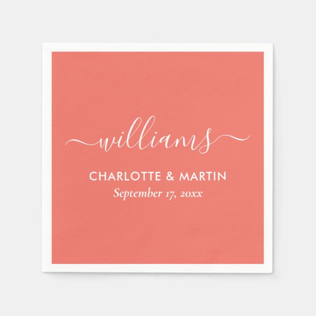 Modern Script Coral Wedding Napkins (Front)