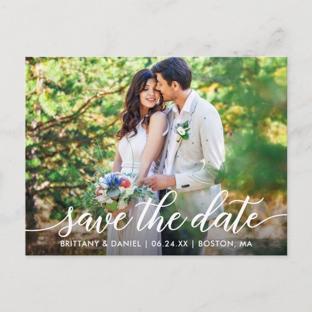 Modern Script Couple Photo Save The Date W Announcement Postcard (Front)