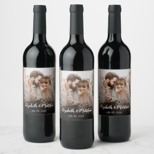 Modern Script Couple Photo Wedding Bottle Favor Wine Label