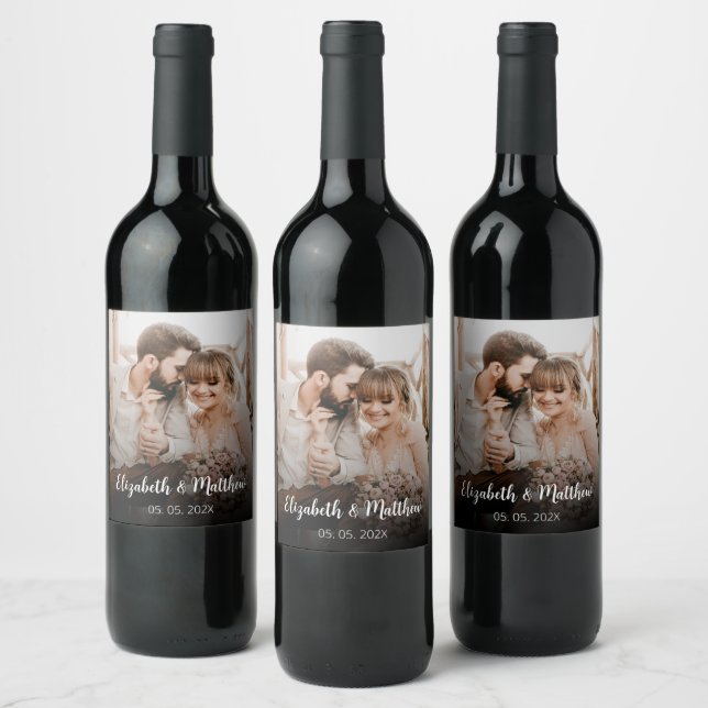 Modern Script Couple Photo Wedding Bottle Favor Wine Label (Bottles)
