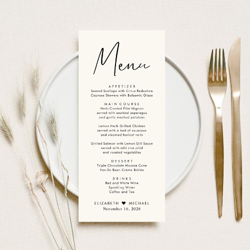 Modern Script Cream Wedding Reception Menu