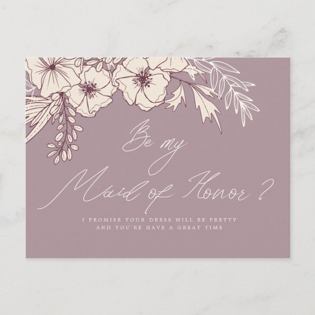 Modern Script Creme Floral Maid of Honor Postcard (Front)