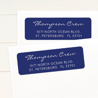Modern Script Crew Name Navy Blue Return Address Label